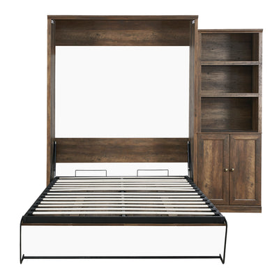 Queen Size Half Self-Close and Open Murphy Bed  with 1 Side Cabinet Storage Shelf, Cabinet Space-Saving Bed Perfect for Guest Room, Bed Room, Guest Room, Home Office, Brown