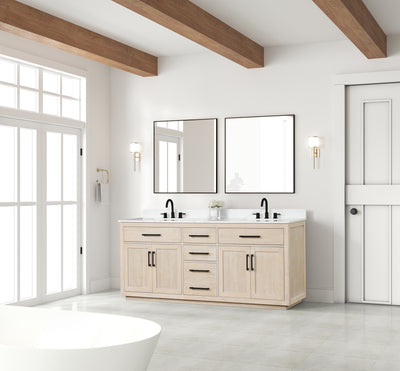 80" Bathroom Vanity with Double Sink, Freestanding Modern Bathroom Vanity with Soft-Close Cabinet and 3 Drawers, Solid Wood Bathroom Storage Cabinet with Quartz Countertop, Milk Oak