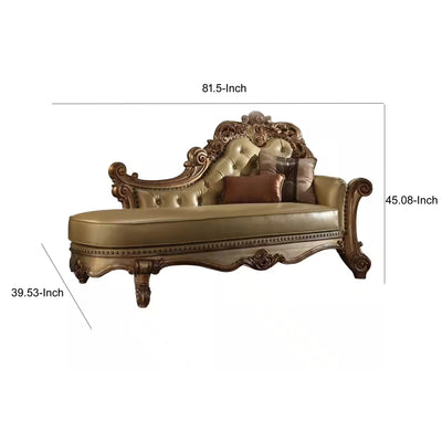 Wooden Gracious Chaise with 2 Pillows, Gold Patina & Bone