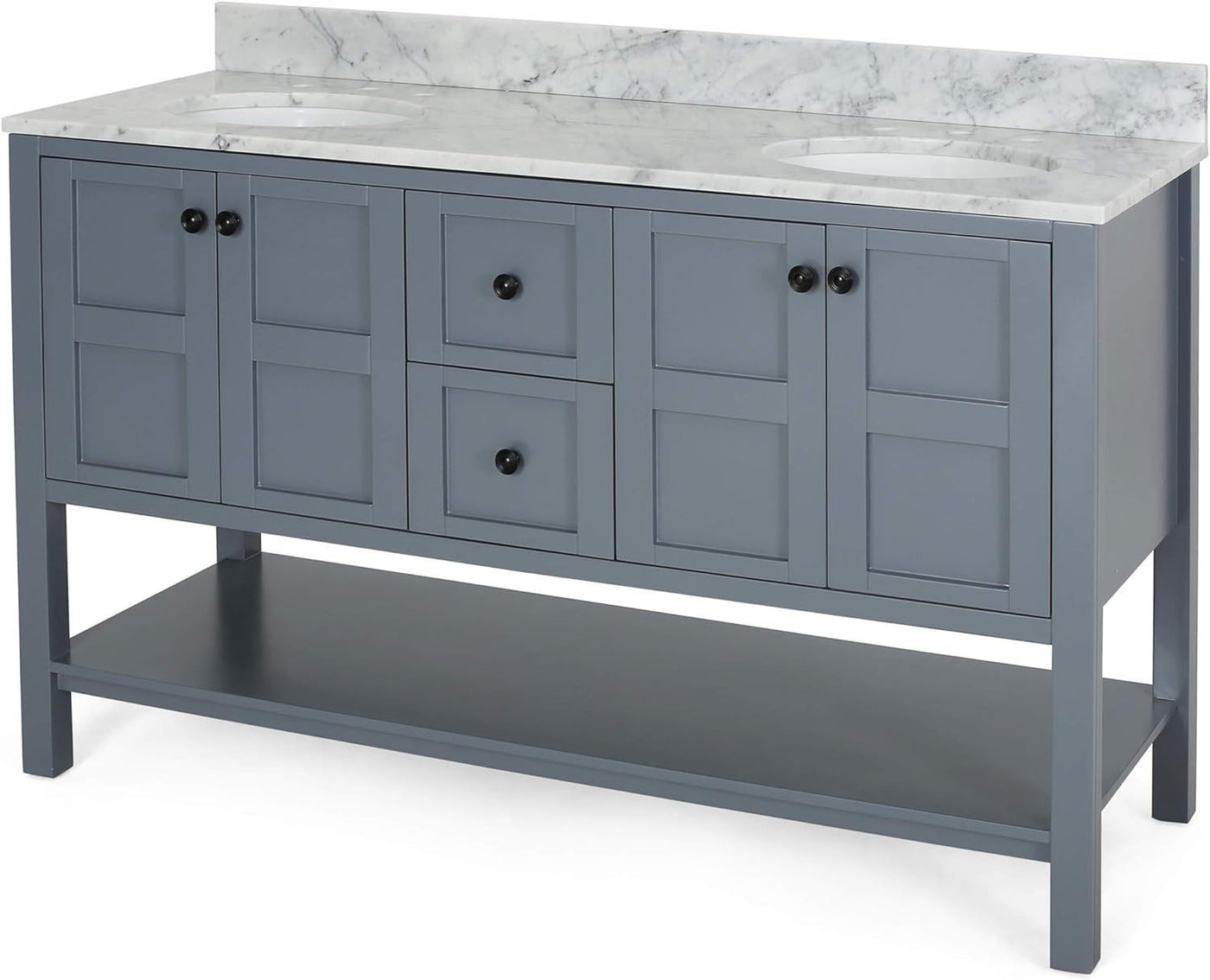 61'' Bathroom Vanity with Marble Top & Double Ceramic Sinks, 4 Doors, 2 Drawers, Open Shelf, Gray