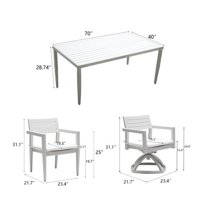 7PC Patio Aluminum Furniture, Modern Dining Set including 4 Dining Chairs & 2 Swivel Rockers Sunbrella Fabric Cushioned and Two-tone Table Top Rectangle Table with Umbrella Hole, Matte White+Grayish