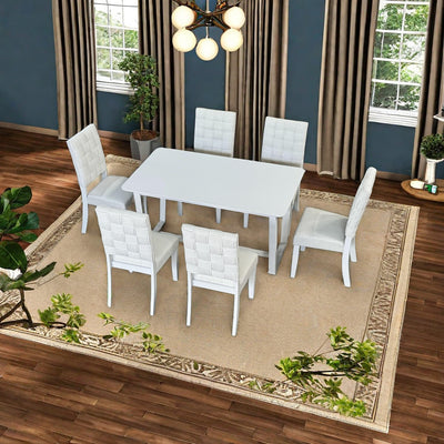 FX-D1 D1DINING SET Include  6*Chair Light Beige ColorLinen & rubber wood White color  legs  And 1*Table  light grey withe color Total 7 pcs