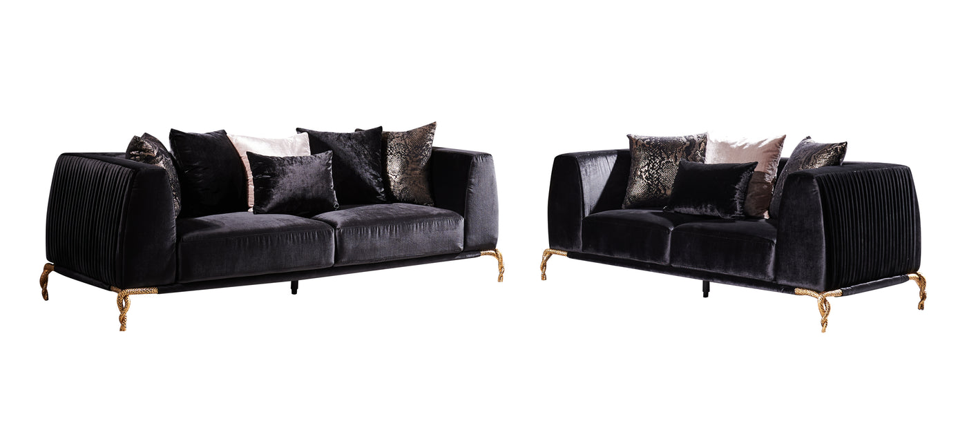 Majestic Shiny Thick Velvet Fabric Upholstered 2PC Living room set made with wood in Black