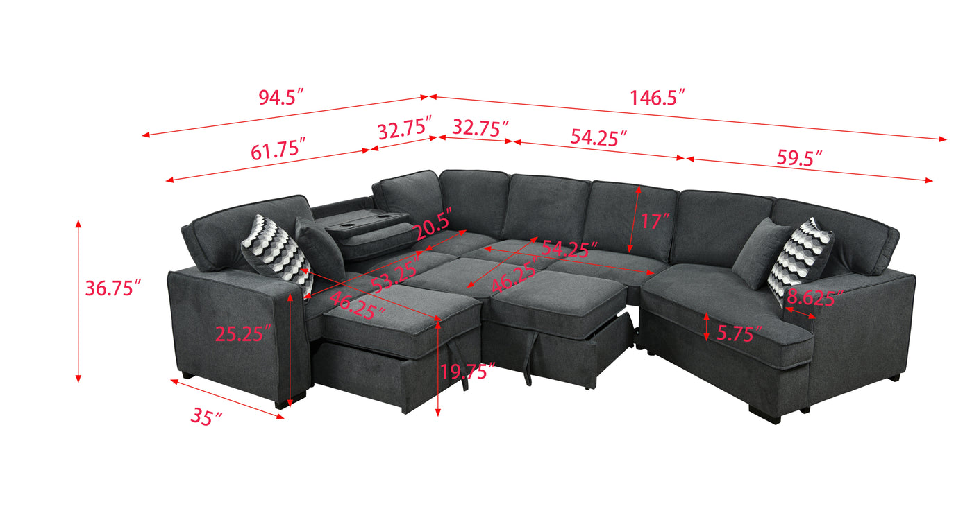 146"Oversized Upholstered Sectional Pull Out Sleeper Bed and Chaise Lounge, U-Shaped Sofa with 2 pull-out bed, 4 Pillows & 2 Cup Holders on Back Cushions for Home, Bedroom, Apartment, Dark Gray