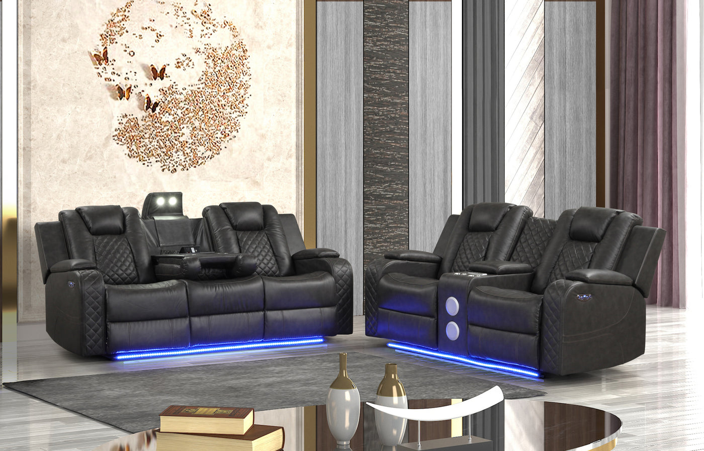 Benz LED & Power Recliner 2 PC Made With Faux Leather in Gray