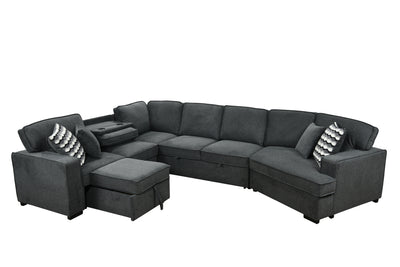 146"Oversized Upholstered Sectional Pull Out Sleeper Bed and Chaise Lounge, U-Shaped Sofa with 2 pull-out bed, 4 Pillows & 2 Cup Holders on Back Cushions for Home, Bedroom, Apartment, Dark Gray