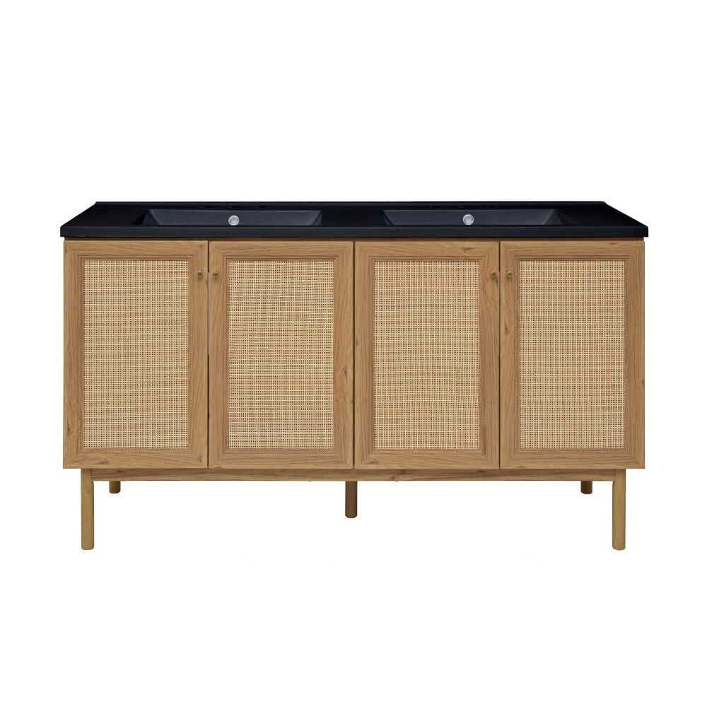 Swiss Madison Classe 60 in. Brown Oak, Double Basin Bathroom Vanity With Black, 3-Hole Artificial Stone Sink Top SM-BV666D-3MB