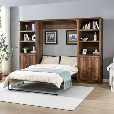 Full Size Half Self-Close and Open Murphy Bed with 2 Side Cabinet Storage Shelf, Cabinet Space-Saving Bed Perfect for Guest Room, Bed Room, Guest Room, Home Office, Brown