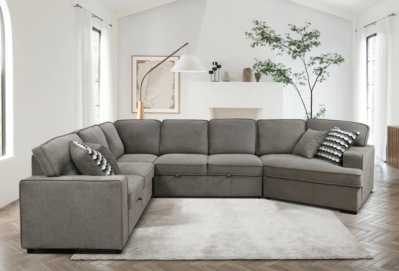 146"Oversized Upholstered Sectional Pull Out Sleeper Bed and Chaise Lounge, U-Shaped Sofa with 2 pull-out bed, 4 Pillows & 2 Cup Holders on Back Cushions for Home, Bedroom, Apartment, Light Grey