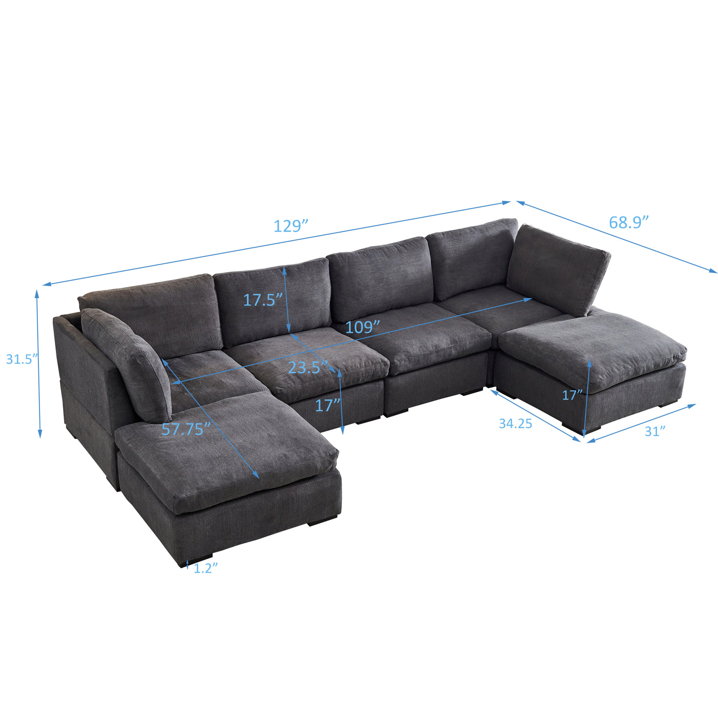 Modular Sofa with Ottoman,Filled with Down ,Soft Linen Fabric,Dark Grey