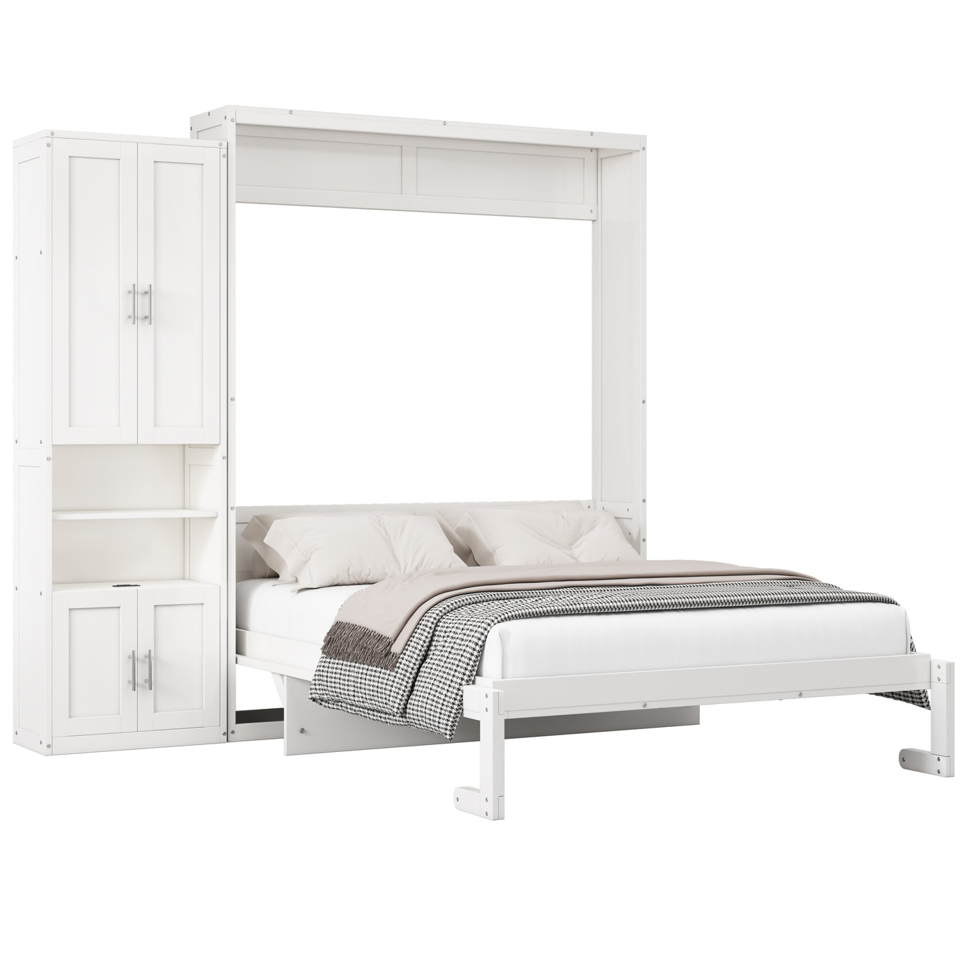 Queen Size Murphy Bed with 1 Side Cabinet Storage Shelf, 68-inch Cabinet Bed Folding Wall Bed with Desk Combo Perfect for Guest Room, Study, Office,White(old sku:BS300491AAC)