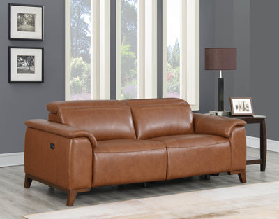 Dual-Power Leather Reclining Sofa - Articulating Power Headrest, Padded Armrest - Coach Colored, Luxurious Comfort