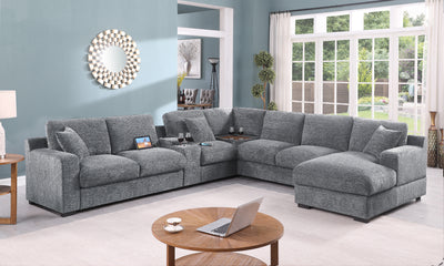 Celine 141.5" Light Gray Chenille Fabric Corner Sectional Sofa with Right-Facing Chaise, Cupholders, and Charging Ports