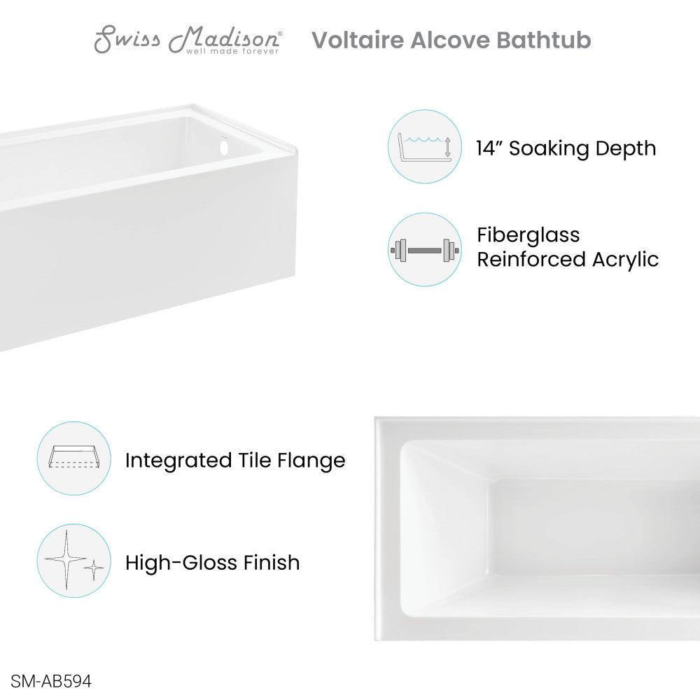 Swiss Madison Voltaire 60" x 32" Right-Hand Drain Alcove Bathtub with Apron SM-AB594