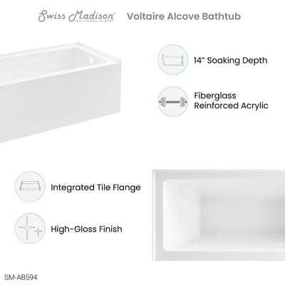 Swiss Madison Voltaire 60" x 32" Right-Hand Drain Alcove Bathtub with Apron SM-AB594