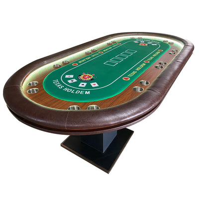 INO Design 96" Premium 10 Player Oval Brown & Green Speed Cloth Texas Holdem Casino Poker Table with Dimmable LED Green