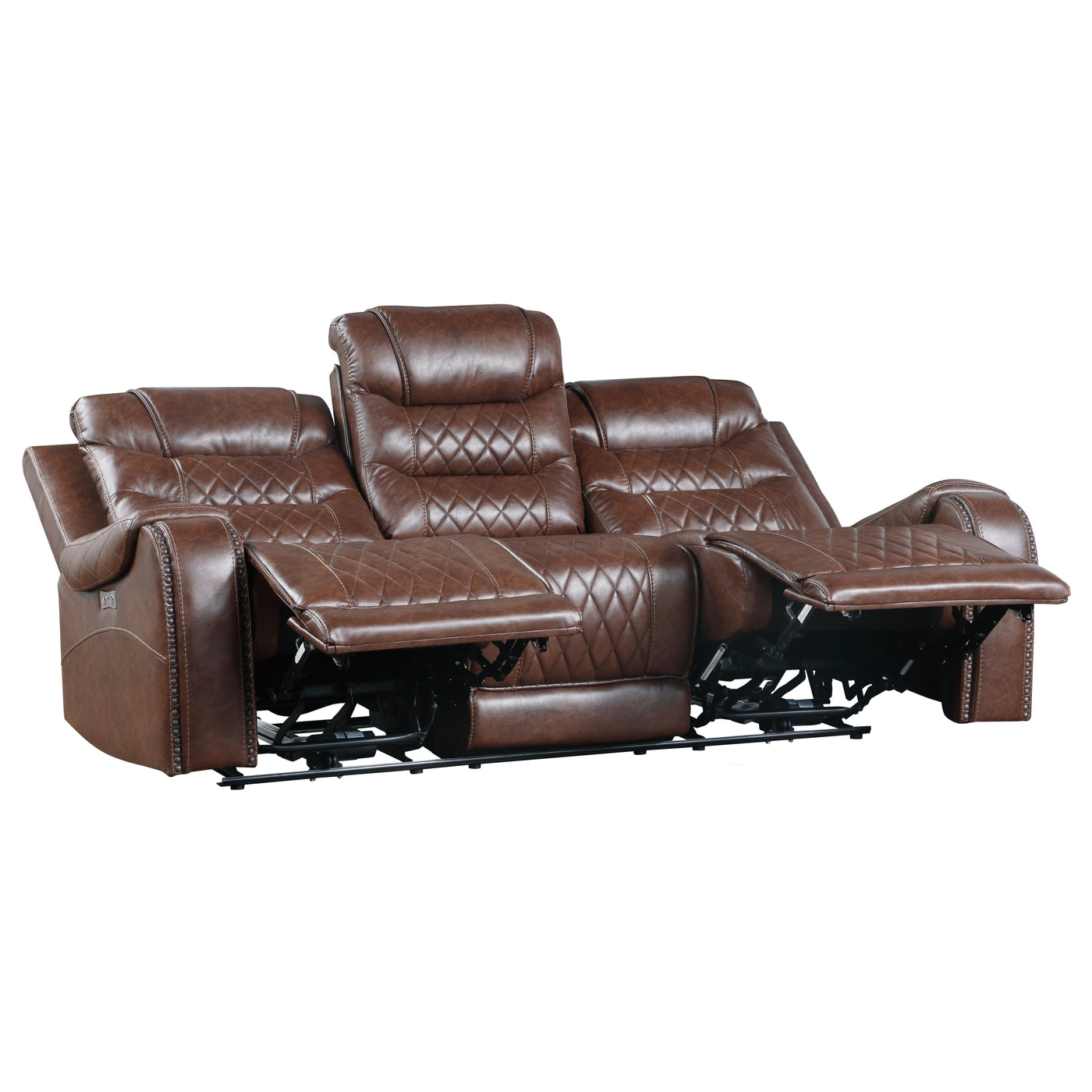 Luxurious Living Room Furniture 2pc Power Reclining Sofa Set Brown Breathable Faux Leather Upholstery Center Drop-Down Cup Holders, Power Outlets, USB Ports, Diamond Pattern Stitching