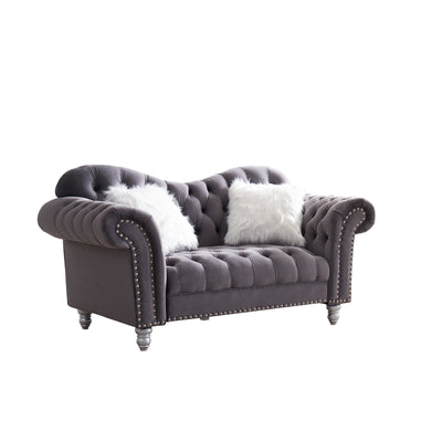 3 Piece Living Room Sofa Set, including 3-Seater Sofa, Loveseat and Sofa Chair, with Button and Copper Nail on Arms and Back, Five White Villose Pillow, Grey.