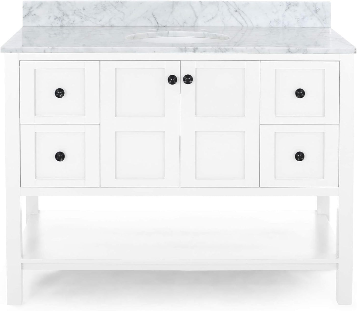 49'' Bathroom Vanity with Marble Top & Ceramic Sink, Two Doors, 4 Drawers, Open Shelf, White