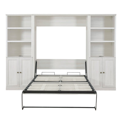 Full Size Half Self-Close and Open Murphy Bed with 2 Side Cabinet Storage Shelf, Cabinet Space-Saving Bed Perfect for Guest Room, Bed Room, Guest Room, Home Office, Rustic White