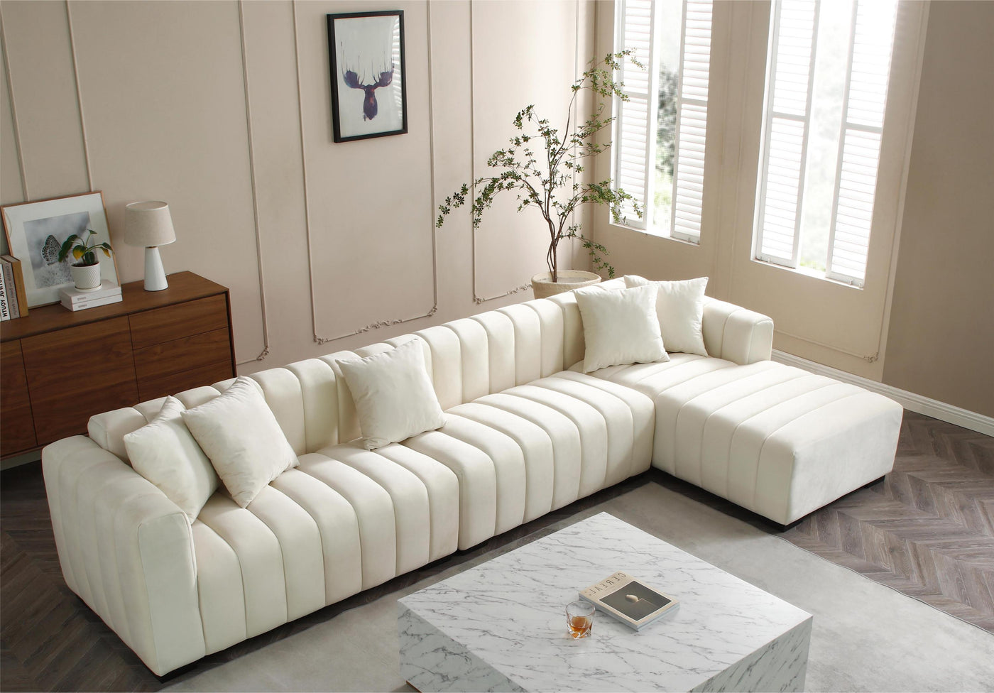 L-Shape Sectional Sofa with Deep Tufted Velvet Upholstered Right Chaise Modular Sofa  beige