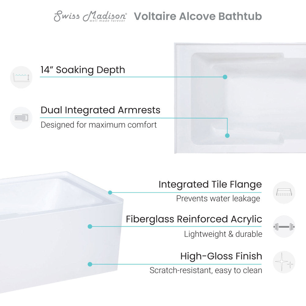 Swiss Madison Voltaire 54" x 30" Left-Hand Drain Alcove Bathtub with Apron & Armrest SM-AB549