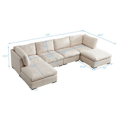 Modular Sofa with Ottoman,Filled with Down ,Soft Linen Fabric,Beige