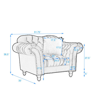 3 Piece Living Room Sofa Set, including 3-Seater Sofa, Loveseat and Sofa Chair, with Button and Copper Nail on Arms and Back, Five White Villose Pillow, Blue.