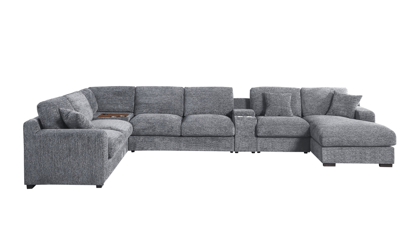 Celine 141.5" Light Gray Chenille Fabric Corner Sectional Sofa with Right-Facing Chaise, Cupholders, and Charging Ports