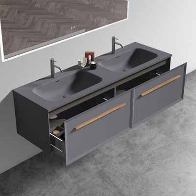 U054-Nevia60W-207 Nevia 60" Exclusive Gray Bathroom Vanity with Gray Solid Surface Sink, Wall Mounted Floating Bathroom Vanity for Modern Bathroom, One-Piece Gray Basin WITHOUT Drain, Pre-assembled