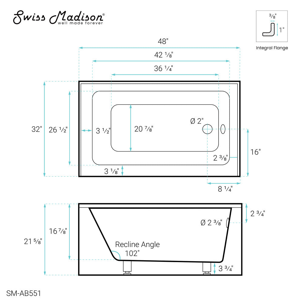 Swiss Madison Voltaire 48" x 32" Right-Hand Drain Alcove Bathtub with Apron SM-AB551