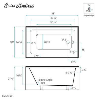 Swiss Madison Voltaire 48" x 32" Right-Hand Drain Alcove Bathtub with Apron SM-AB551