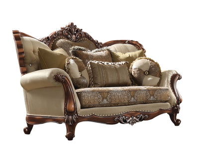 ACME Latisha Loveseat w/5 Pillows in Tan, Pattern Fabric & Antique Oak 52116