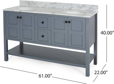 61'' Bathroom Vanity with Marble Top & Double Ceramic Sinks, 4 Doors, 2 Drawers, Open Shelf, Gray