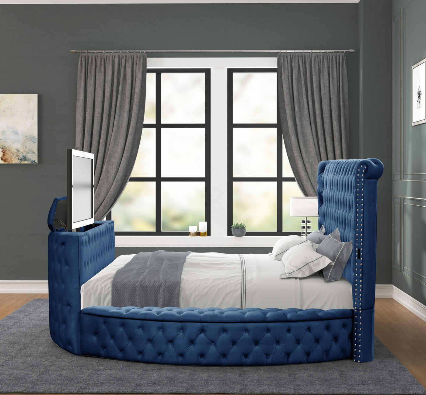 Maya Modern Style Crystal Tufted Queen Bed  Made with wood in Blue