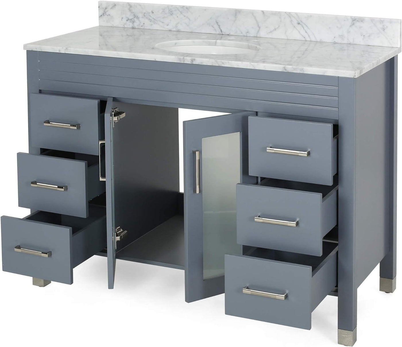 49'' Bathroom Vanity with Marble Top & Ceramic Sink, 2 Doors with Glass, 6 Drawers, Gray