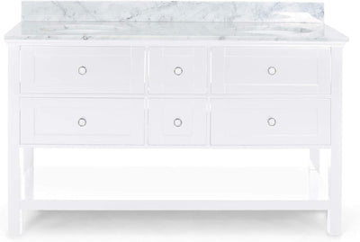 61'' Bathroom Vanity with Marble Top & Double Ceramic Sinks, 4 Drawers, Open Shelf, White