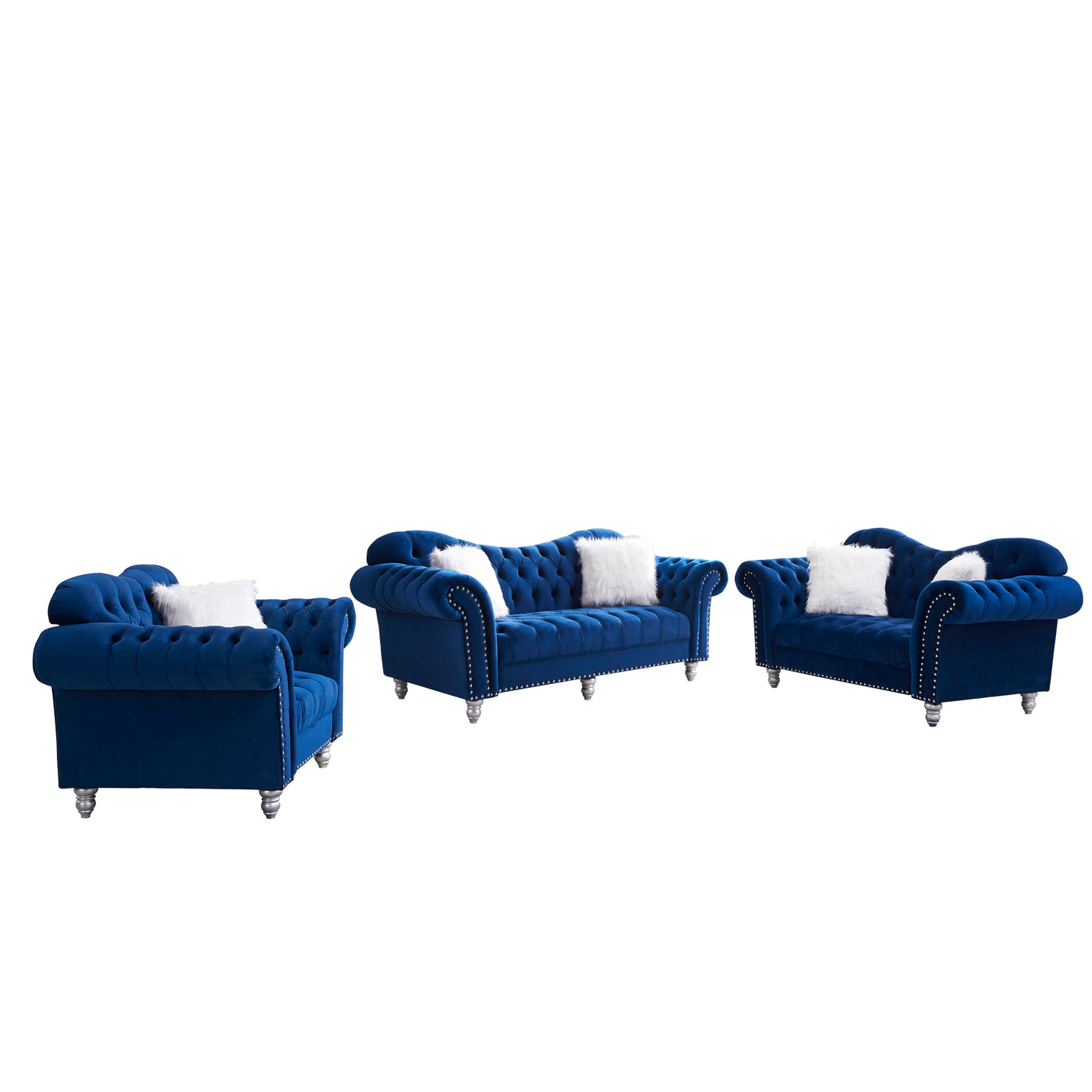 3 Piece Living Room Sofa Set, including 3-Seater Sofa, Loveseat and Sofa Chair, with Button and Copper Nail on Arms and Back, Five White Villose Pillow, Blue.