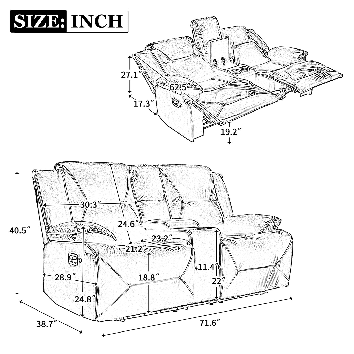 Home Theater Recliner Set Manual Recliner Chair with a LED Light Strip Two Built-in Cup Holders for Living Room,Bedroom, Grey