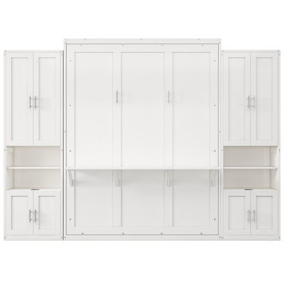 Queen Size Murphy Bed with 2 Side Cabinet Storage Shelves, 68-inch Cabinet Bed Folding Wall Bed with Desk Combo Perfect for Guest Room, Study, Office,White(old sku:BS400491AAC)