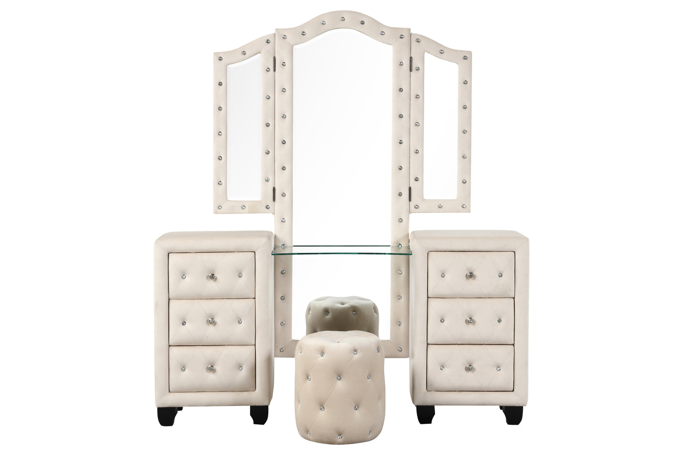 Monica luxurious Four-Poster Queen 5 Pc Vanity Bedroom Set Made with Wood in Cream