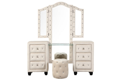 Sophia Crystal Tufted King 4 Pc Vanity Bedroom Set Made with Wood in Cream