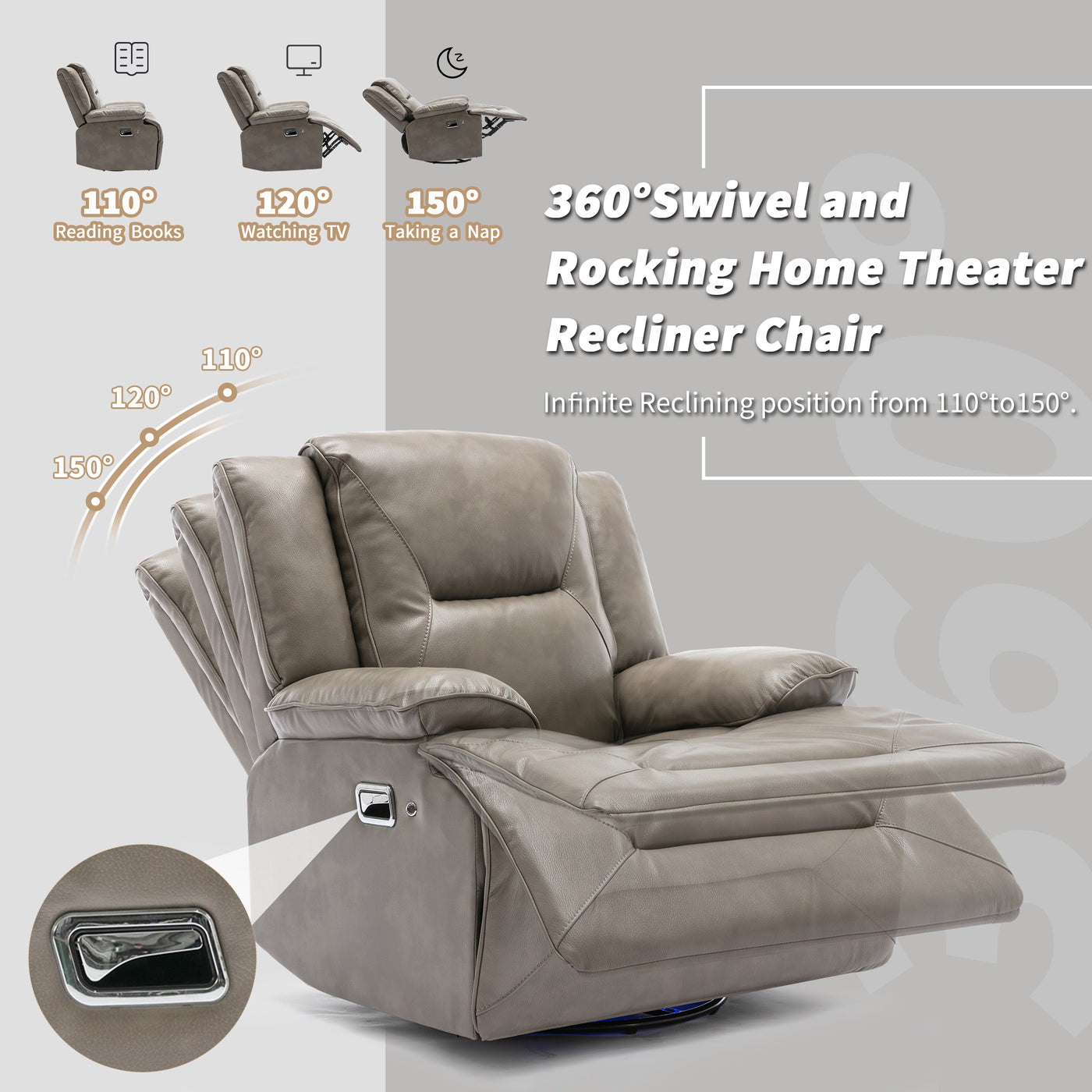 Home Theater Recliner Set Manual Recliner Chair with a LED Light Strip Two Built-in Cup Holders for Living Room,Bedroom, Grey