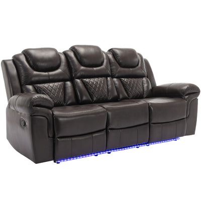 3 Pieces Recliner Sofa Sets Home Theater Seating Manual Recliner Chair with Center Console and LED Light Strip for Living Room, Brown