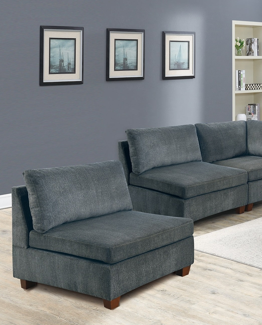 Living Room Furniture Gray Chenille Modular Sectional 7pc Set Modular Sofa Set Couch 3x Corner Wedge 3x Armless Chairs and 1x Ottoman Plywood