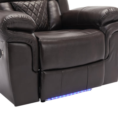 3 Pieces Recliner Sofa Sets Home Theater Seating Manual Recliner Chair with Center Console and LED Light Strip for Living Room, Brown