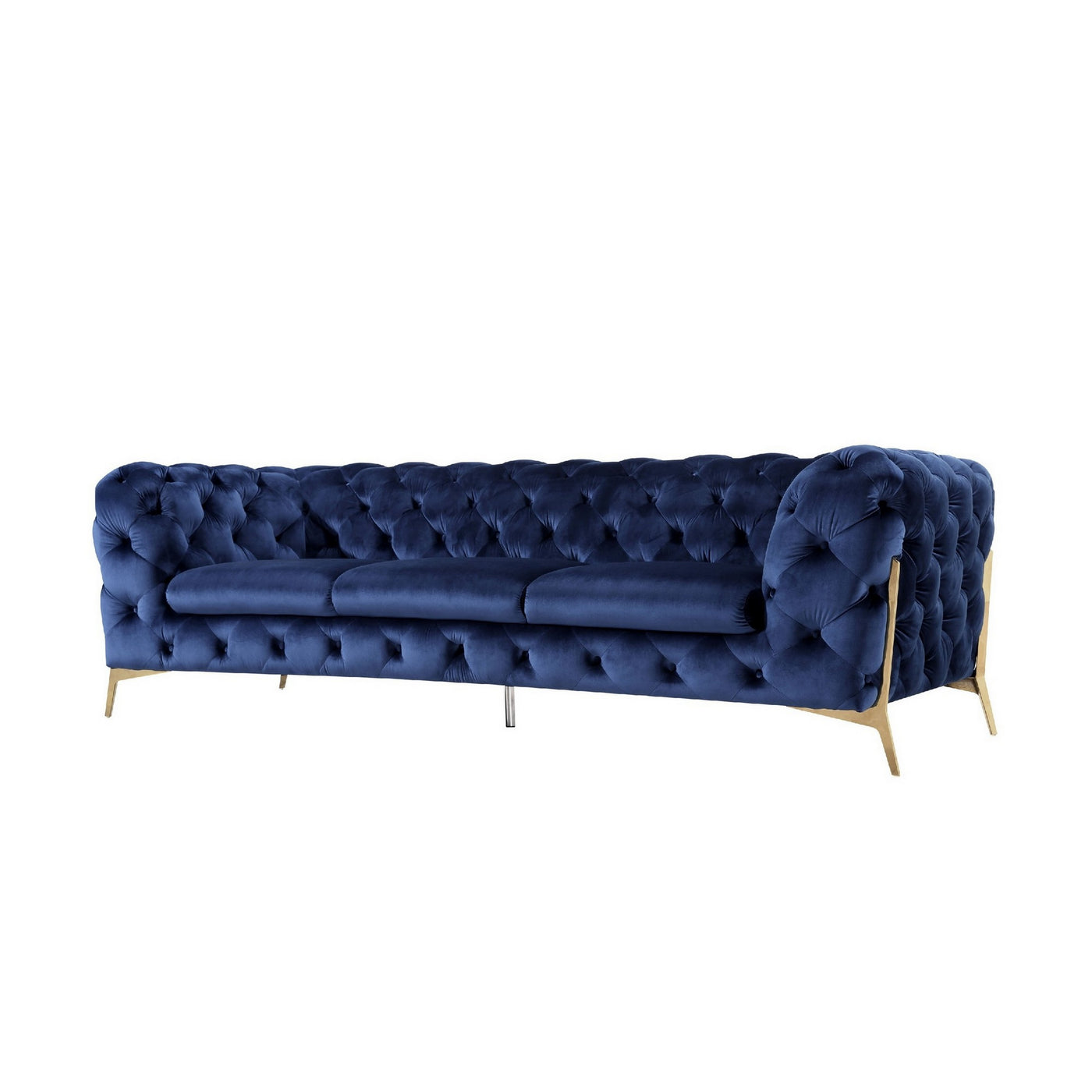 Reno Joni 97 Inch Modern Sofa, Chesterfield, Velour Fabric, Blue, Gold