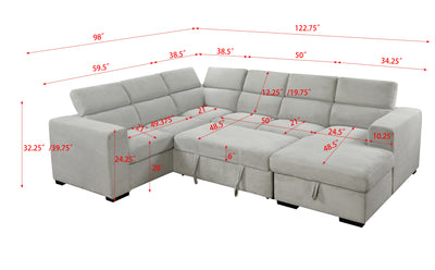 123" Oversized Modern U-Shaped 7-seat Sectional Sofa Couch with Adjustable Headrest, Sofa Bed with Storage Chaise,Pull Out Couch Bed for Living Room ,Light Gray