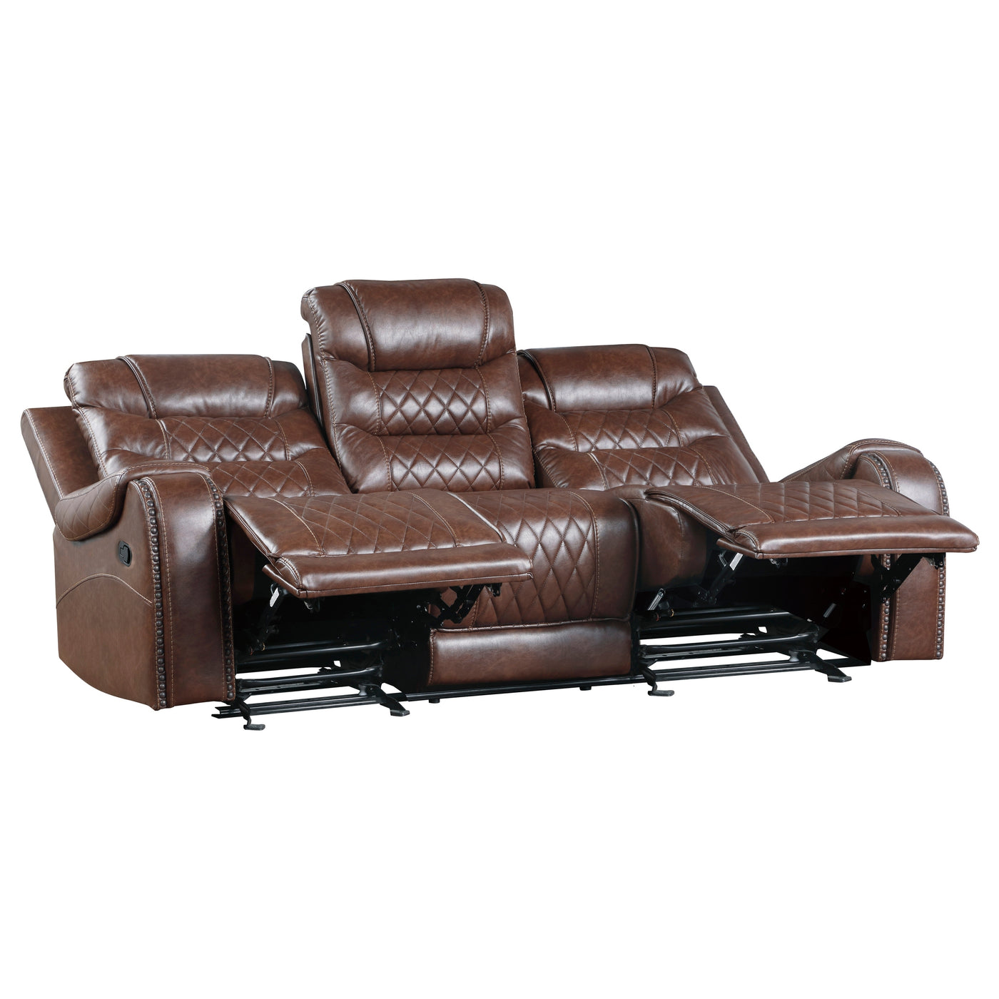 Luxurious Living Room Furniture 2pc Reclining Sofa Set Brown Breathable Faux Leather Upholstery Center Drop-Down Cup Holders, Power Outlets, USB Ports, Diamond Pattern Stitching