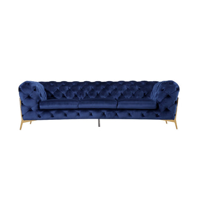 Reno Joni 97 Inch Modern Sofa, Chesterfield, Velour Fabric, Blue, Gold